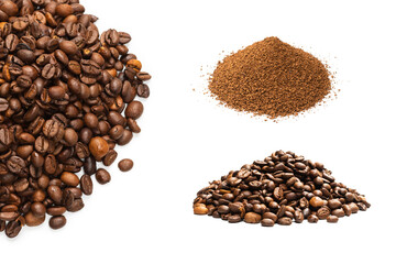 Coffee beans on a white background. Top view.
