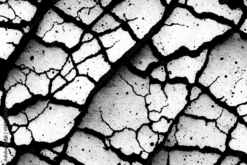 Poster Black and grey cracked rough wall texture with various cracks from long time use. Grunge abstract surface concrete background.., created with generative ai