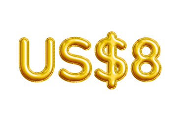 US$8 or Eight Dollar 3D Gold Balloon. You can use this asset for your content like as USD Currency, Flyer Marketing, Banner, Promotion, Advertising, Discount Card, Pamphlet, Template Ads and anymore.