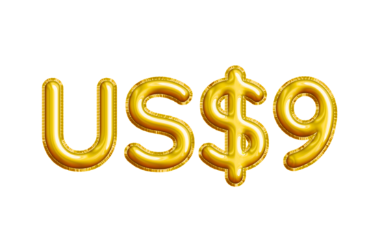 US$9 or Nine Dollar 3D Gold Balloon. You can use this asset for your content like as USD Currency, Flyer Marketing, Banner, Promotion, Advertising, Discount Card, Pamphlet, Template Ads and anymore.