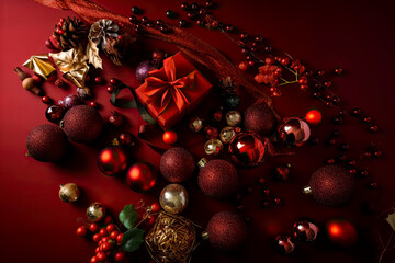 Fototapeta na wymiar Christmas and Happy New Year decorations on a red background. - Background, holiday, celebration, festive, season.