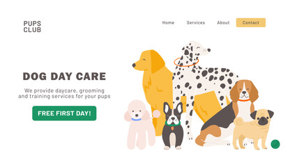 Dog Day Care Landing page design. Modern website home page background template.