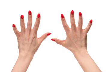 Woman hands with red nails shows frame symbol isolated on white background.