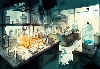 Watercolor Illustration of a High Tech Lab Research And Development Concept. Generative AI