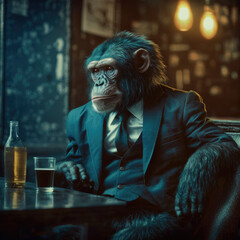 Obraz premium Chimp in a suit drinking a drink, generative ai