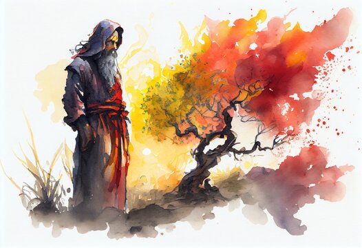 Watercolor Illustration of a Moses And The Burning Bush Art. Generative AI
