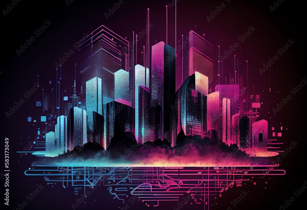 Canvas Prints watercolor illustration of a smart city and big data concept. futuristic cityscape at night with neo