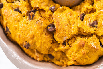 Chocolate pumpkin bundt cake with toffee glaze