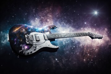electric guitar, floating in space against starry background, created with generative ai - obrazy, fototapety, plakaty