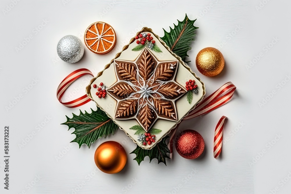 Poster a top view of a new year's present adorned with christmas trinkets and displayed against a white bac