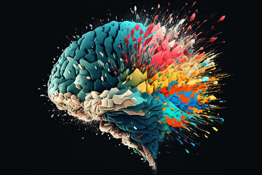 Creative exploding brain. Genius brain color splash creative concept. Colored creativity and intelligence abstract smart thinking illustration idea. Ai generated