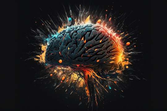 Creative exploding brain. Genius brain color splash creative concept. Colored creativity and intelligence abstract smart thinking illustration idea. Ai generated