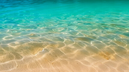 Fototapeta na wymiar Beautiful white sand beach with turquoise water and blue sky background. Generative AI