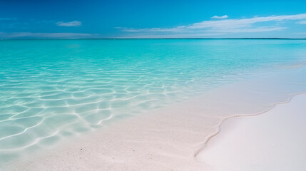 Obraz premium Beautiful white sand beach with turquoise water and blue sky background. Generative AI