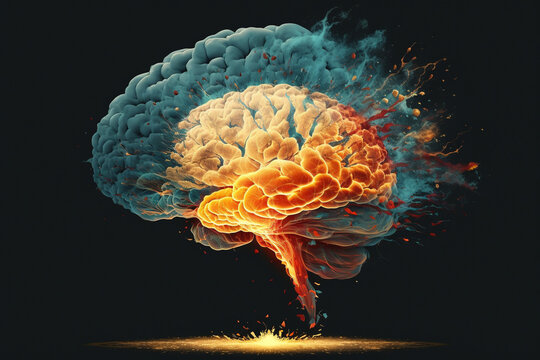 Creative exploding brain. Genius brain color splash creative concept. Colored creativity and intelligence abstract smart thinking illustration idea. Ai generated
