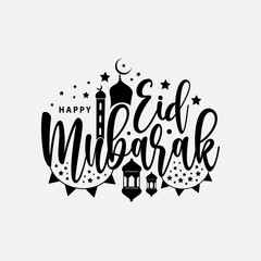 Obraz premium Isolated on calligraphy of happy eid mubarak vector illustration with black color hanging lantern moon and star stroke line.