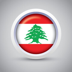 Lebanon Flag Glossy Button on Gray Background. Vector Round Flat Icon