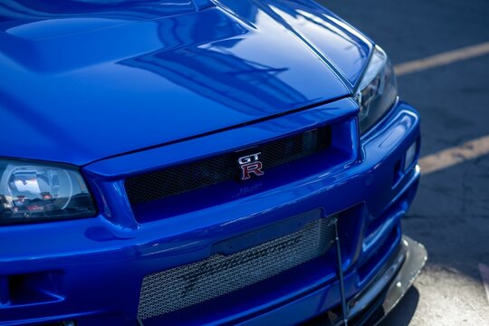 Front end of a blue Nissan GTR