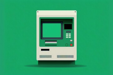 Bank ATM illustration, investment and money saving concept, green background. Generative AI