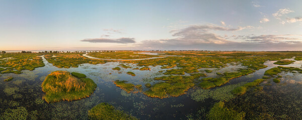 Aerial panoramic sunset sunrise scene at swamps and wetlands of Big Creek National Wildlife Area near Long Point Provincial Park, Lake Erie shore. - obrazy, fototapety, plakaty