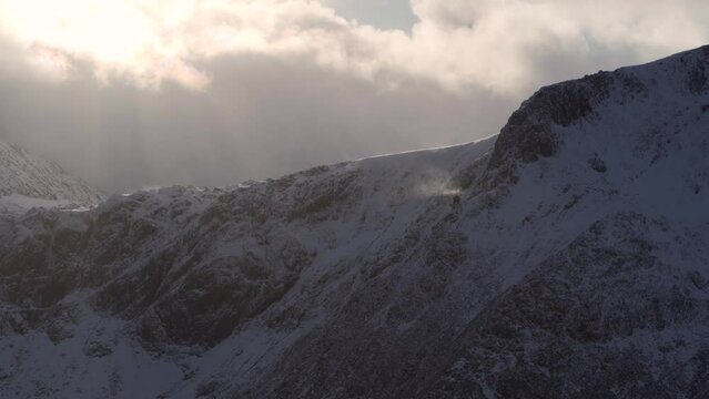 Snowdonia Mountain Background With Snow Flurries And Thick Winter Cloud