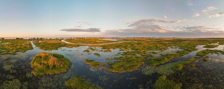 Aerial panoramic sunset sunrise scene at swamps and wetlands of Big Creek National Wildlife Area near Long Point Provincial Park, Lake Erie shore.