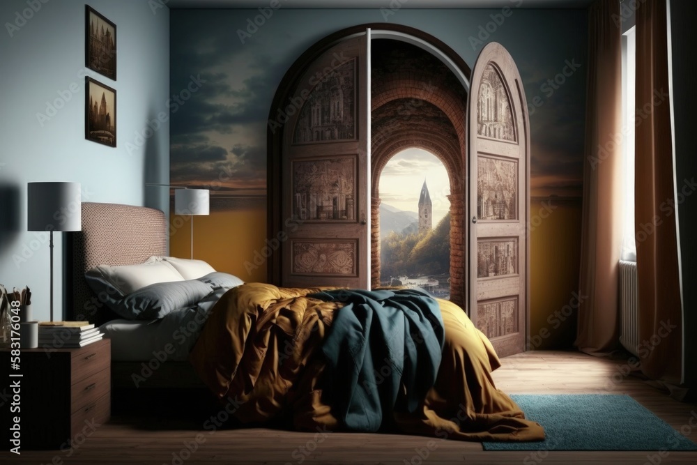 Wall mural Modern bedroom illustration with portal to a medieval universe, fantasy concept. Generative AI