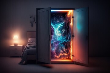 Fototapeta premium Illustration of dimensional portal inside the wardrobe, amazing colors, nebula. Generative AI