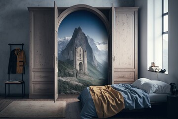 Modern bedroom illustration with portal to a medieval universe, fantasy concept. Generative AI