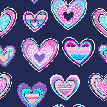 Naklejka Abstract drawing pattern for girls. Creative vector background with colorful hearts, geometric elements and dots. Funny wallpaper for textile and fabric. 