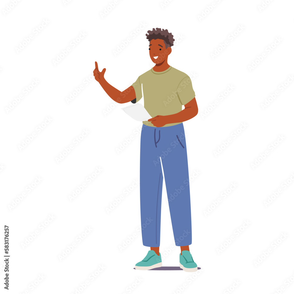 Poster student male character standing with sheet of paper in hand reading or making report. person learn v