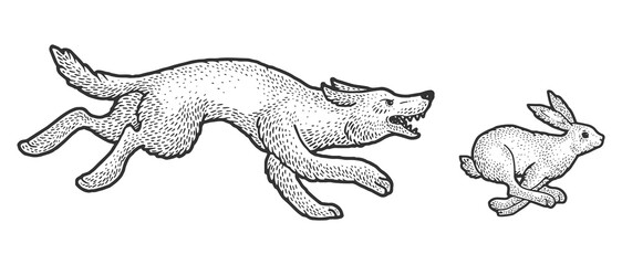Wolf chasing hare sketch PNG illustration with transparent background