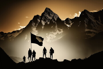 silhouettes of group of people holding a flag on the top of the mountain, hands up. generative ai.