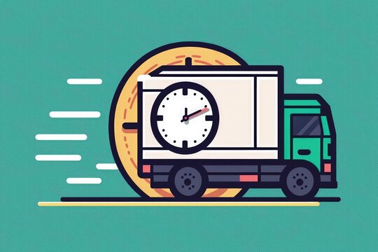 Delivery truck illustration with stopwatch, background, flat style. Generative AI