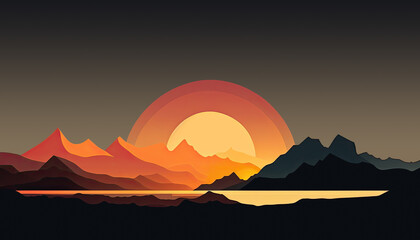 Fototapeta na wymiar Sunset - Minimalistic flat design landscape illustration. Image for a wallpaper, background, postcard or poster. Generative AI