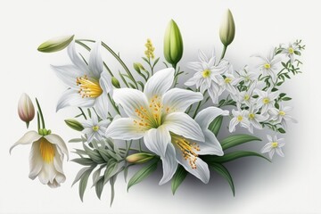 Beautiful flowers illustration, white background. Generative AI