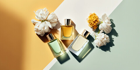Fresh spring romantic image, stylish transparent glass perfume bottles. Stylish parfumerie banner. Generative AI. - 583177024
