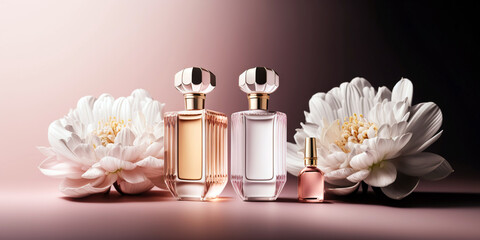 Tender stylish perfume composition, bottles of perfume and flowers, pinkish illustration. Generative Ai - 583177068
