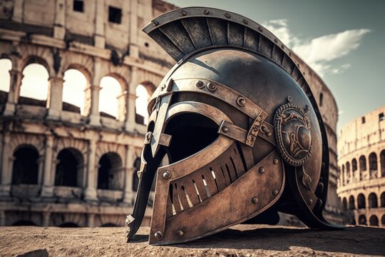 Landscape with gladiator helmet and coliseum in the background. Generative AI