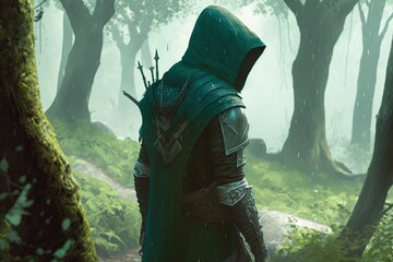 Hooded archer illustration, forest with green fog, fantasy concept. Generative AI - obrazy, fototapety, plakaty