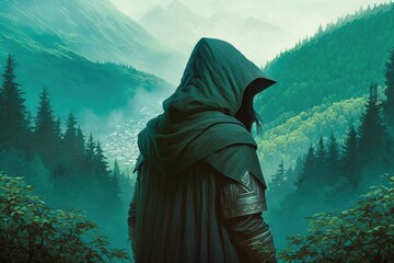 Hooded archer illustration, forest with green fog, fantasy concept. Generative AI - obrazy, fototapety, plakaty