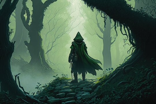 Hooded Archer Illustration, Forest With Green Fog, Fantasy Concept. Generative AI