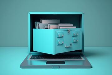 Laptop illustration with file drawer, data stores concept, blue background. Generative AI
