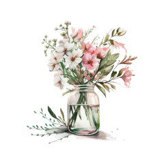 Watercolor bouqet with wild pink and white flowers in vase. Collection magenta flowers, leaves, branches. Design for greetings, card, invitation, flyer, banner.
