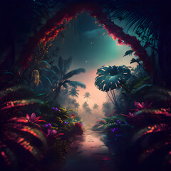 lush jungle paradise, featuring vibrant flowers and tall coconut trees using generative art