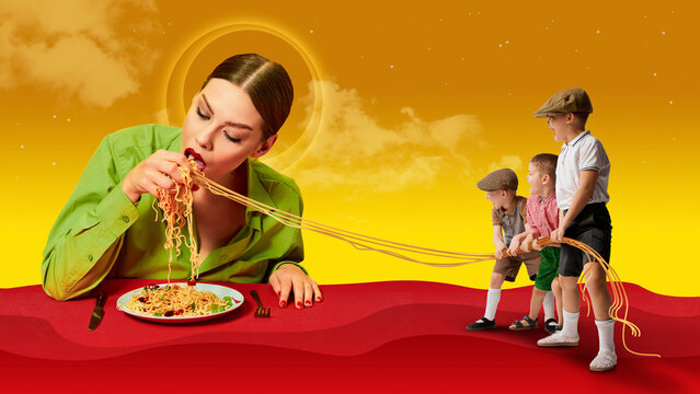 Creative image of little boys, children playing with noodles. Beautiful young woman eating pasta with hands. Contemporary conceptual art collage. Surrealism. Concept of childhood, dreams, fantasy