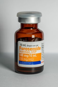 Bottle of Furosemide drug for injection treating fluid retention and swelling