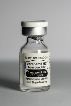 Vertical shot of Verapamil - an Antihypertensive drug on a white background