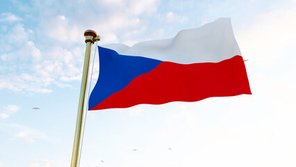Fototapeta na wymiar Flag of Czech waving in the wind, sky and sun background. Czechia Flag. UHD, 3D Rendering.