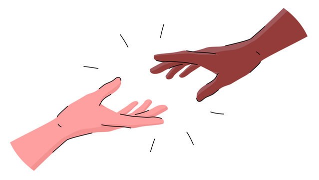 Vector illustration depicting the hands of people reaching out to each other. People belonging to different races extend their hands to each other. The concept of unity, goodness, mutual assistance.